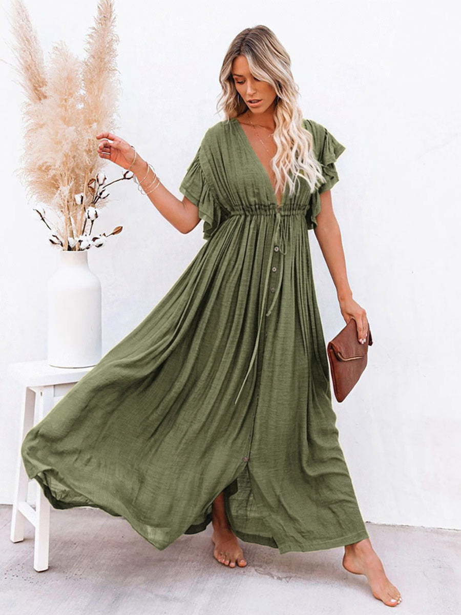 Boho Maxi Dress for Women - Deep V Neck Ruffle Sleeve Drawstring Waist Long Gown With Pockets - Summer Beach Vacation 2026
