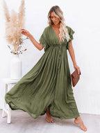 Boho Maxi Dress for Women - Deep V Neck Ruffle Sleeve Drawstring Waist Long Gown With Pockets - Summer Beach Vacation 2026