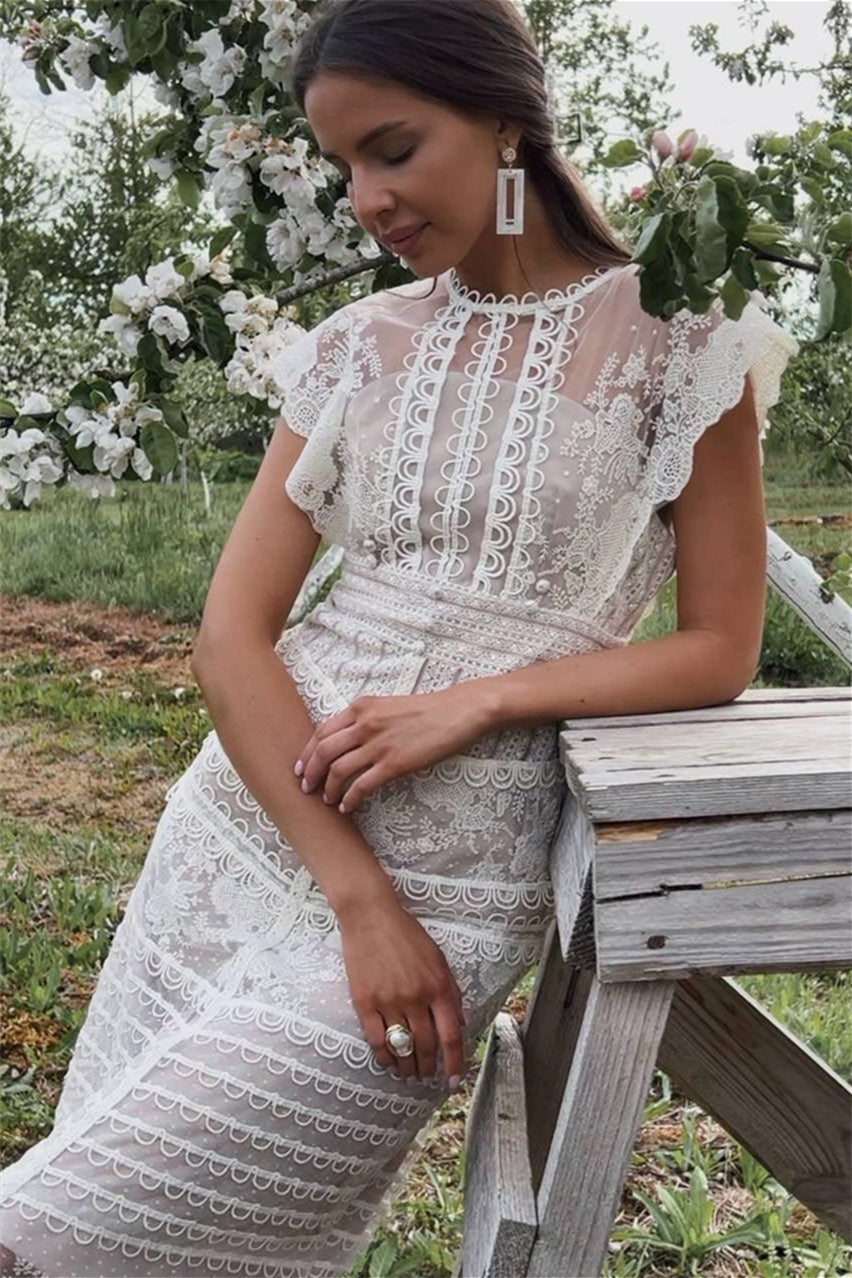 Floral Lace High Neck Flutter Sleeve Tiered Scallop Trim Midi Dress