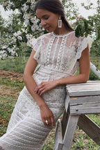 Floral Lace High Neck Flutter Sleeve Tiered Scallop Trim Midi Dress