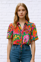Tropical Print Short Sleeve Tie Neck Blouse _ Multicolor