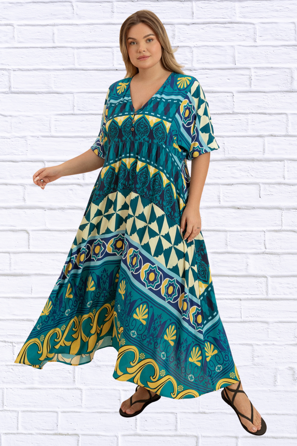 Plus Size Printed V-Neck Half Sleeve Midi Dress