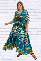 Plus Size Printed V-Neck Half Sleeve Midi Dress