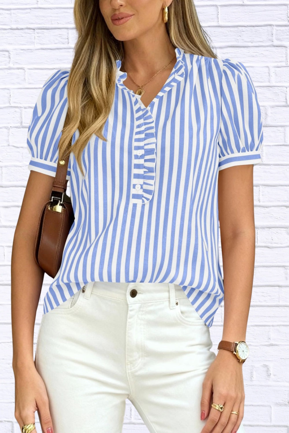 Frill Striped Puff Sleeve Blouse | Chic Women__ Top
