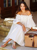 White Off Shoulder Long Dress For Women - Linen Cotton Boho Ruffle Lantern Sleeve Loose Beach Sundress - Summer Vacation 2026