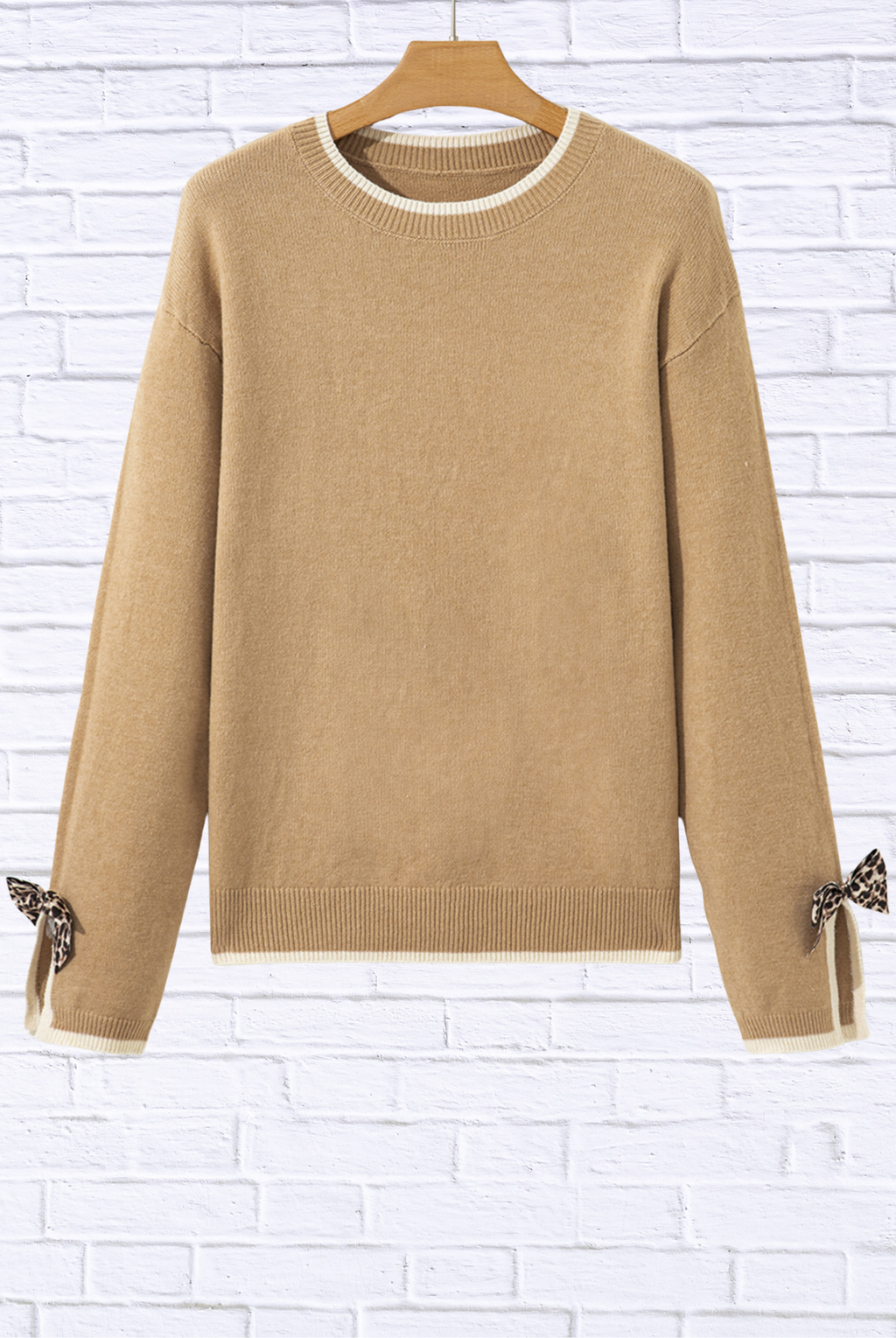 Leopard Bow Decor Split Cuff Contrast Trim Sweater