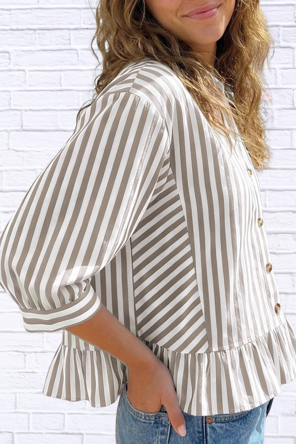 Striped Ruffle Hem Button-Down Shirt | Chic Women__ Top