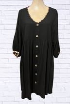 Umgee Black Baby Doll Dress _ V-Neck Button-Down with Leopard Trim Detail