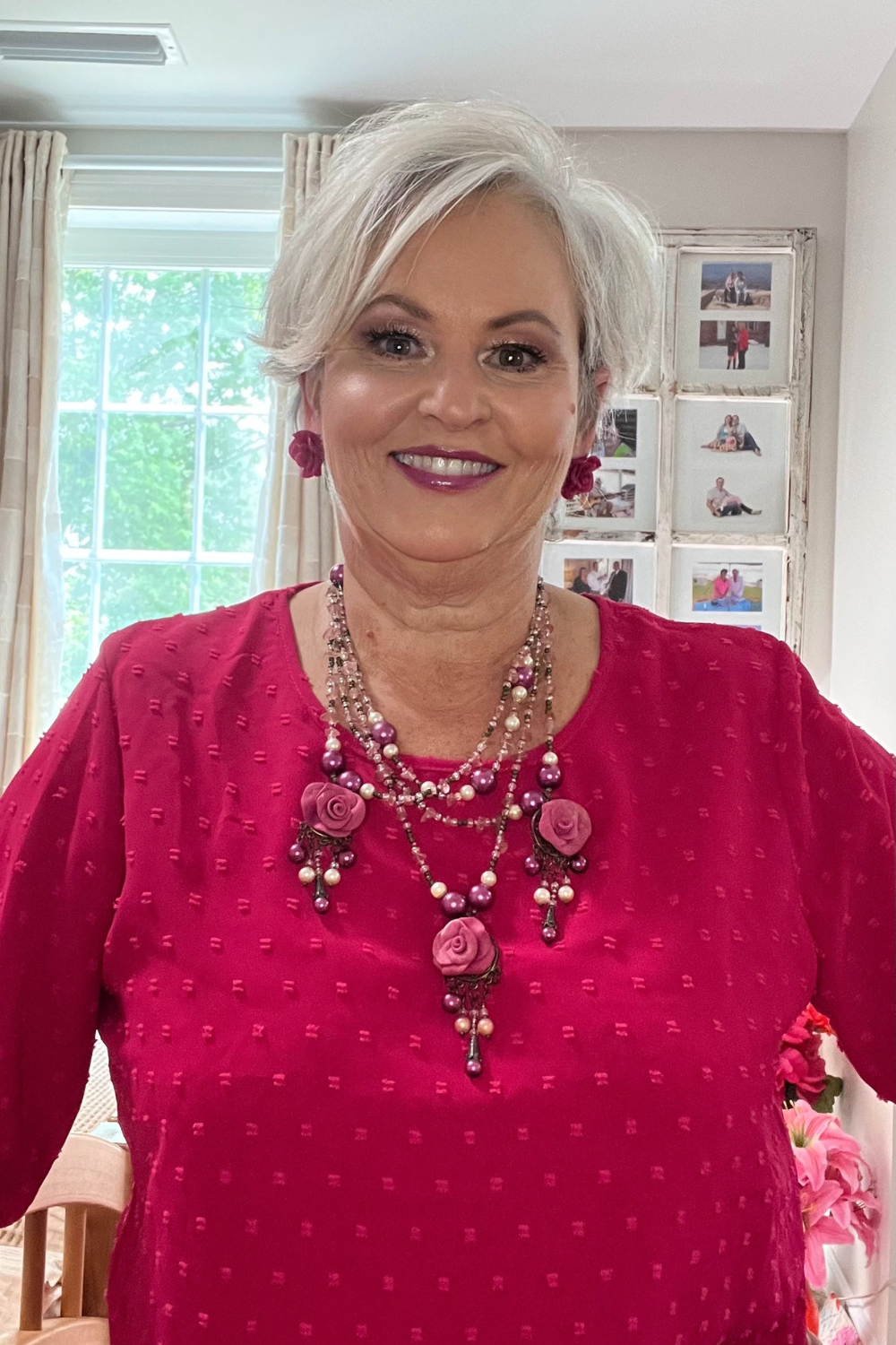 Swiss Dot Round Neck Petal Sleeve Top _ Cerise Pink