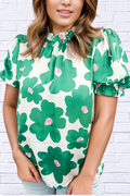 Ruffled Printed Floral Mock Neck Short Sleeve Blouse