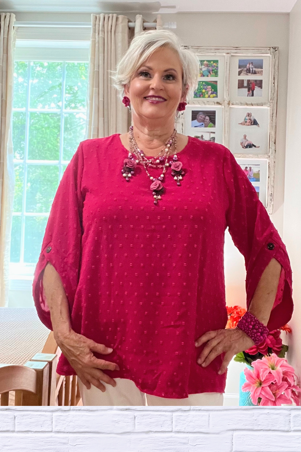 Swiss Dot Round Neck Petal Sleeve Top _ Cerise Pink