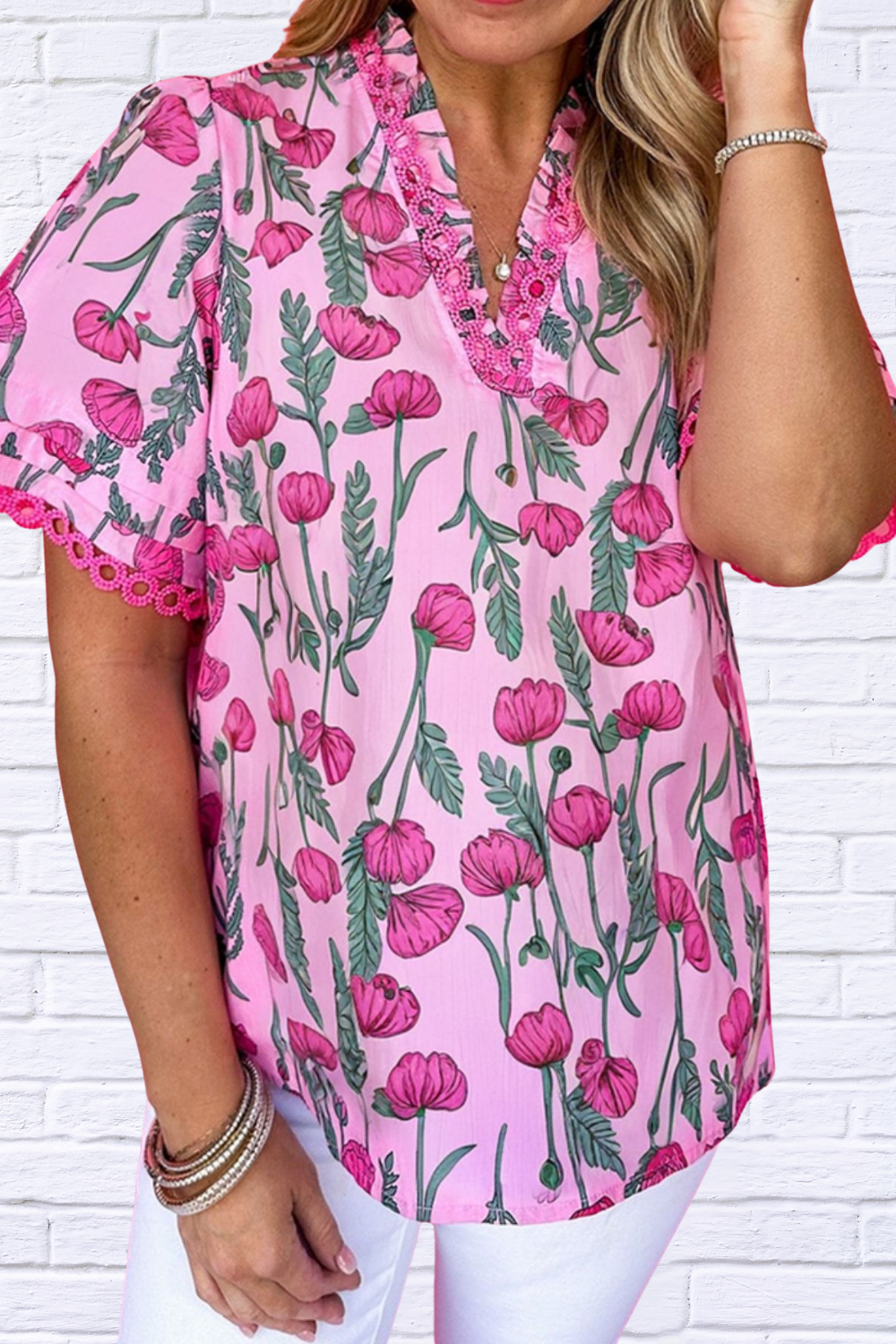 Floral Notched Short Sleeve Blouse _ Pink Bloom