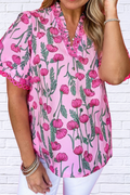 Floral Notched Short Sleeve Blouse _ Pink Bloom