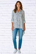 Soft Blue Floral Viscose High-Low Shirt _ Button-Up Collared Long Sleeve Tunic Top