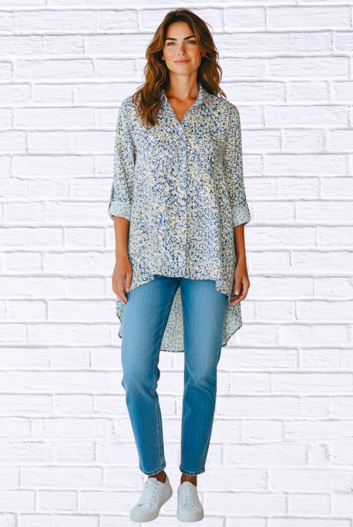 Soft Blue Floral Viscose High-Low Shirt _ Button-Up Collared Long Sleeve Tunic Top