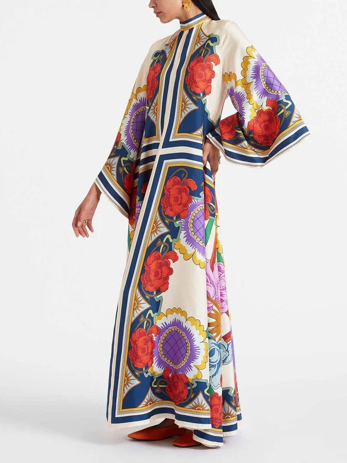 Deep V-Neck Scarf Print Kimono Sleeve Floral Maxi Dress