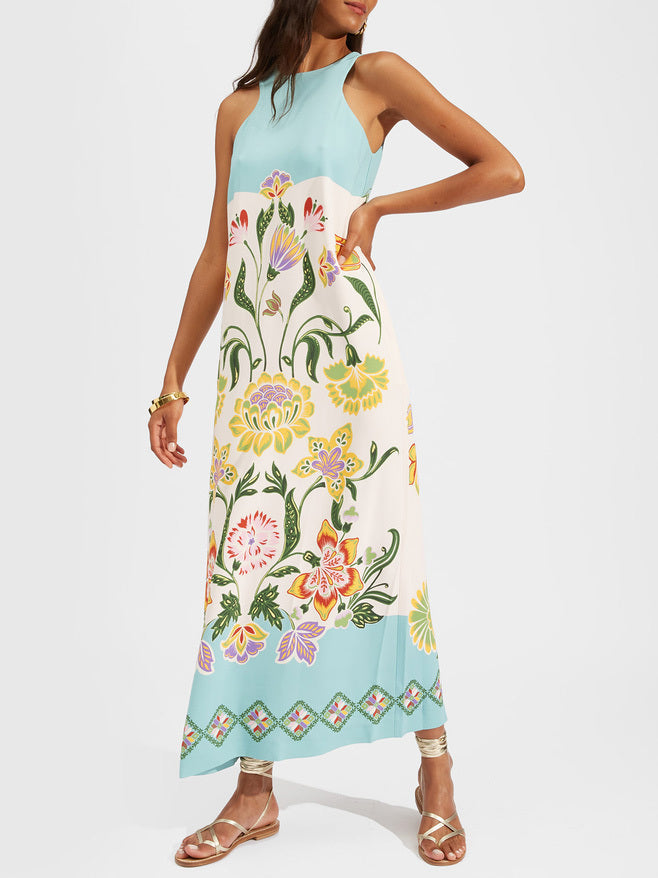 Botanical Floral Print Halter Neck Border Panel Maxi Dress