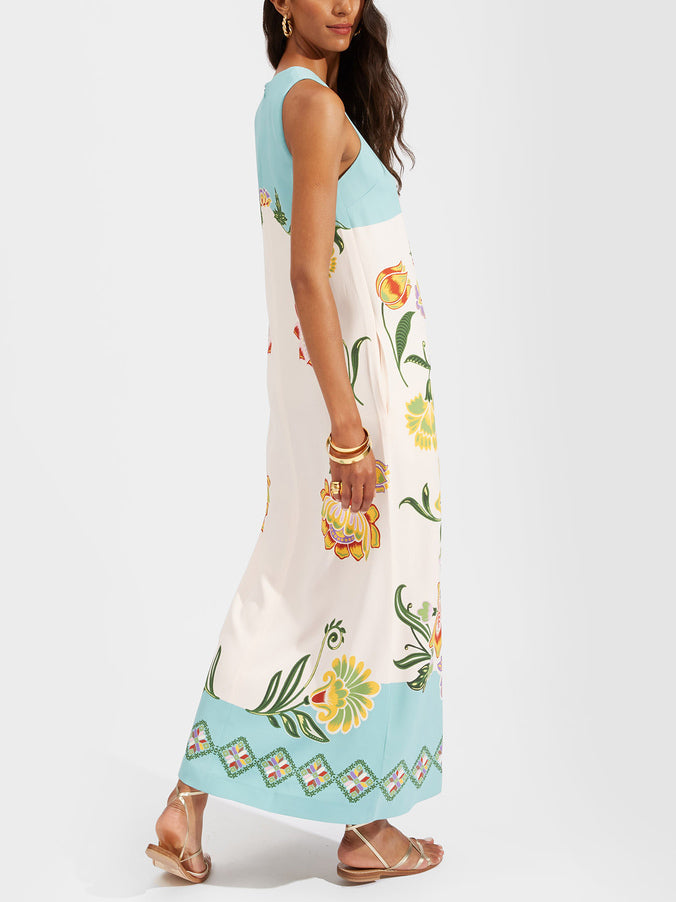 Botanical Floral Print Halter Neck Border Panel Maxi Dress