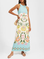 Botanical Floral Print Halter Neck Border Panel Maxi Dress
