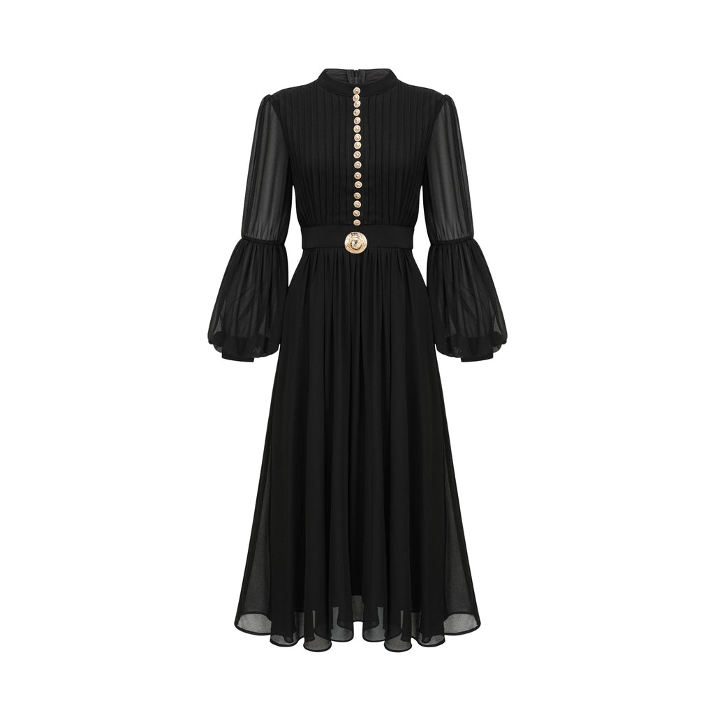 Viviane black pleated button-front midi dress