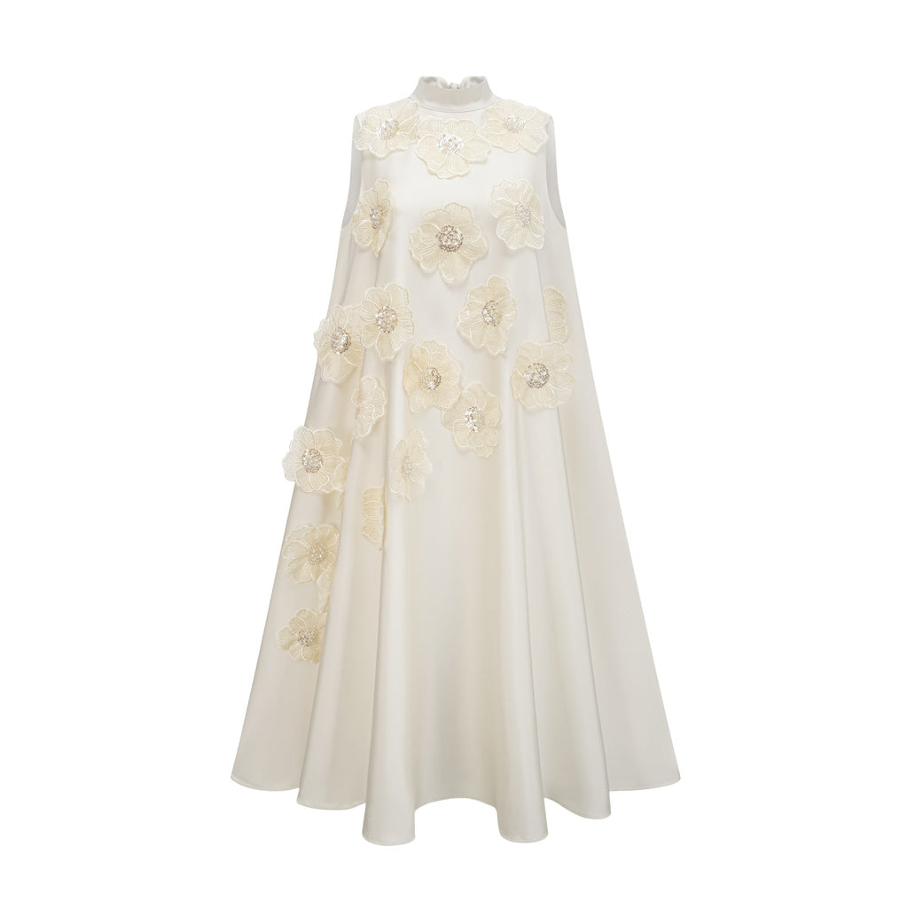 _milie sleeveless floral-applique midi dress in White
