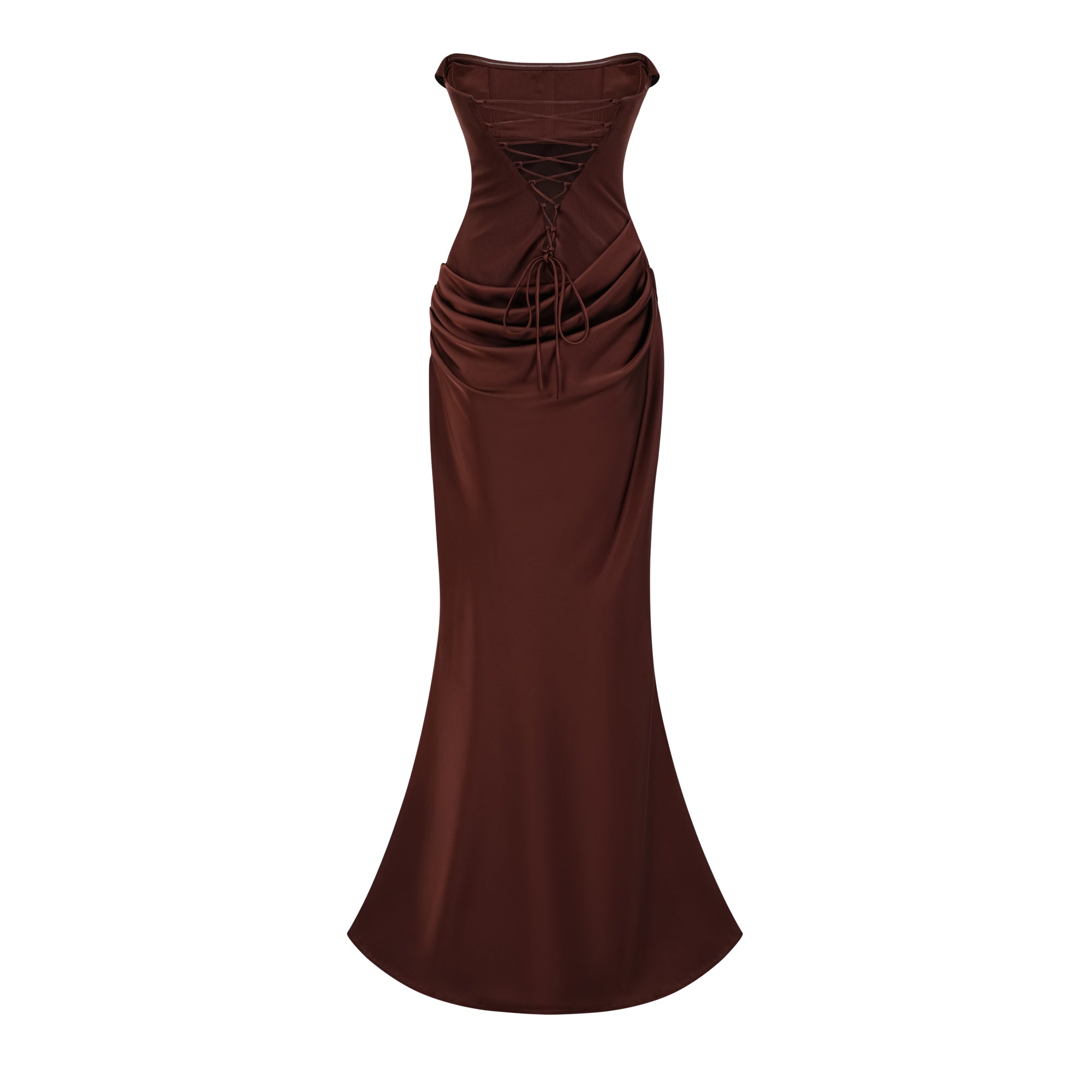Vedette Brown Ruched Corset Maxi Dress