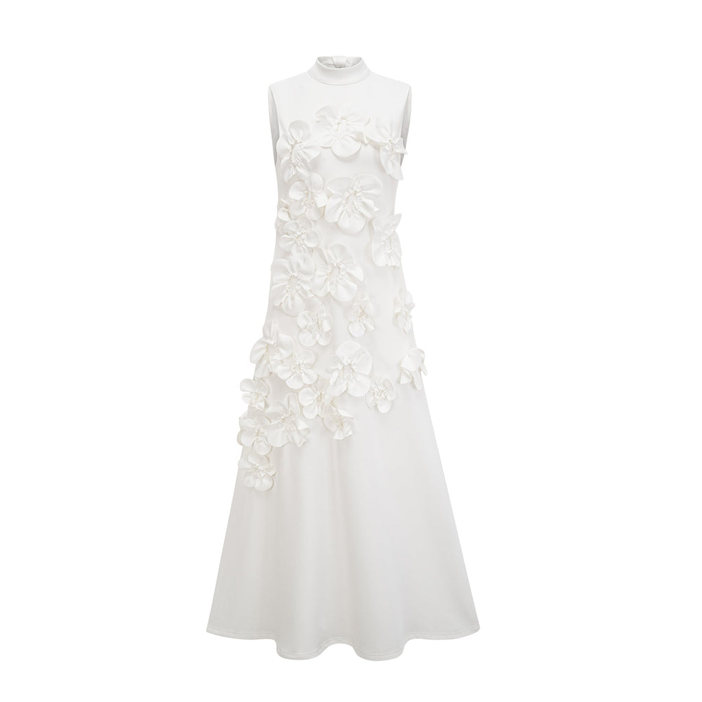 Magali White Sleeveless Maxi Dress with Faux Flower & Bow-Tie Embellishment
