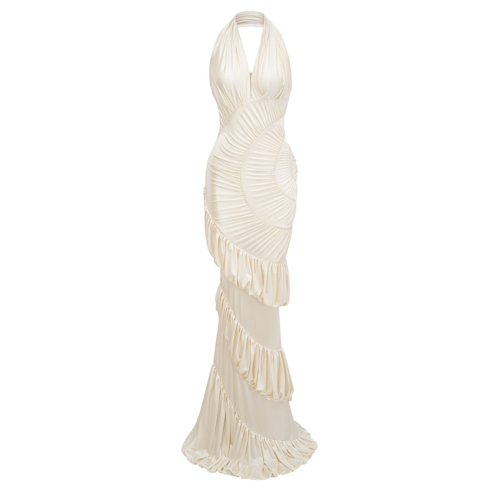 Vilhelmiina Cream White Halterneck Shirred Maxi Dress