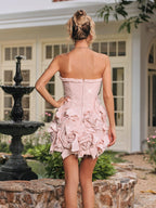 Strapless Sequin Tweed 3D Rosette Applique Mini Dress