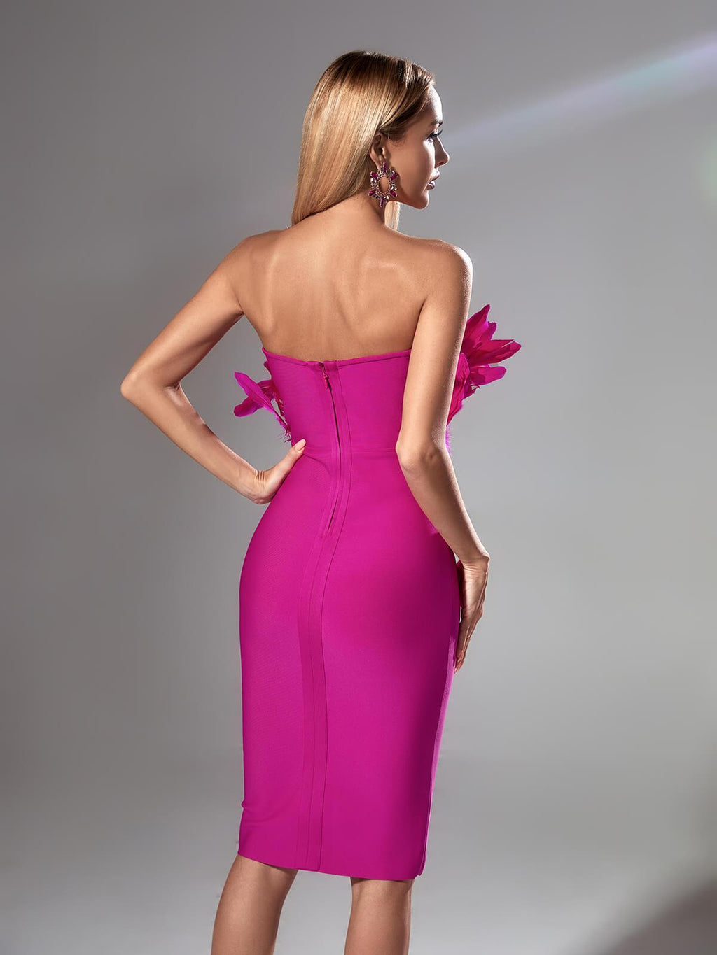 Darby Strapless Feather Bandage Dress In Hot Pink