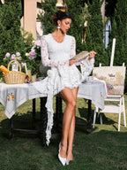 Floral Lace Bell Sleeve V-Neck Rosette Asymmetrical Hem Mini Dress