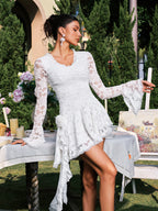 Floral Lace Bell Sleeve V-Neck Rosette Asymmetrical Hem Mini Dress
