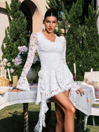 Floral Lace Bell Sleeve V-Neck Rosette Asymmetrical Hem Mini Dress