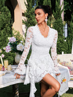 Floral Lace Bell Sleeve V-Neck Rosette Asymmetrical Hem Mini Dress