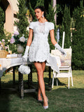 3D Floral Applique Short Sleeve Structured Ruffle Hem Mini Dress