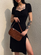 Sweetheart Neck Ruched Puff Sleeve High Split Midi Dress