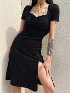 Sweetheart Neck Ruched Puff Sleeve High Split Midi Dress