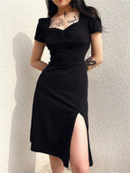 Sweetheart Neck Ruched Puff Sleeve High Split Midi Dress