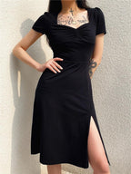 Sweetheart Neck Ruched Puff Sleeve High Split Midi Dress