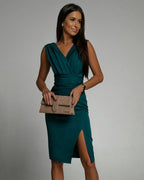 Deep V-Neck Pleated Shoulder Wrap High Split Midi Dress