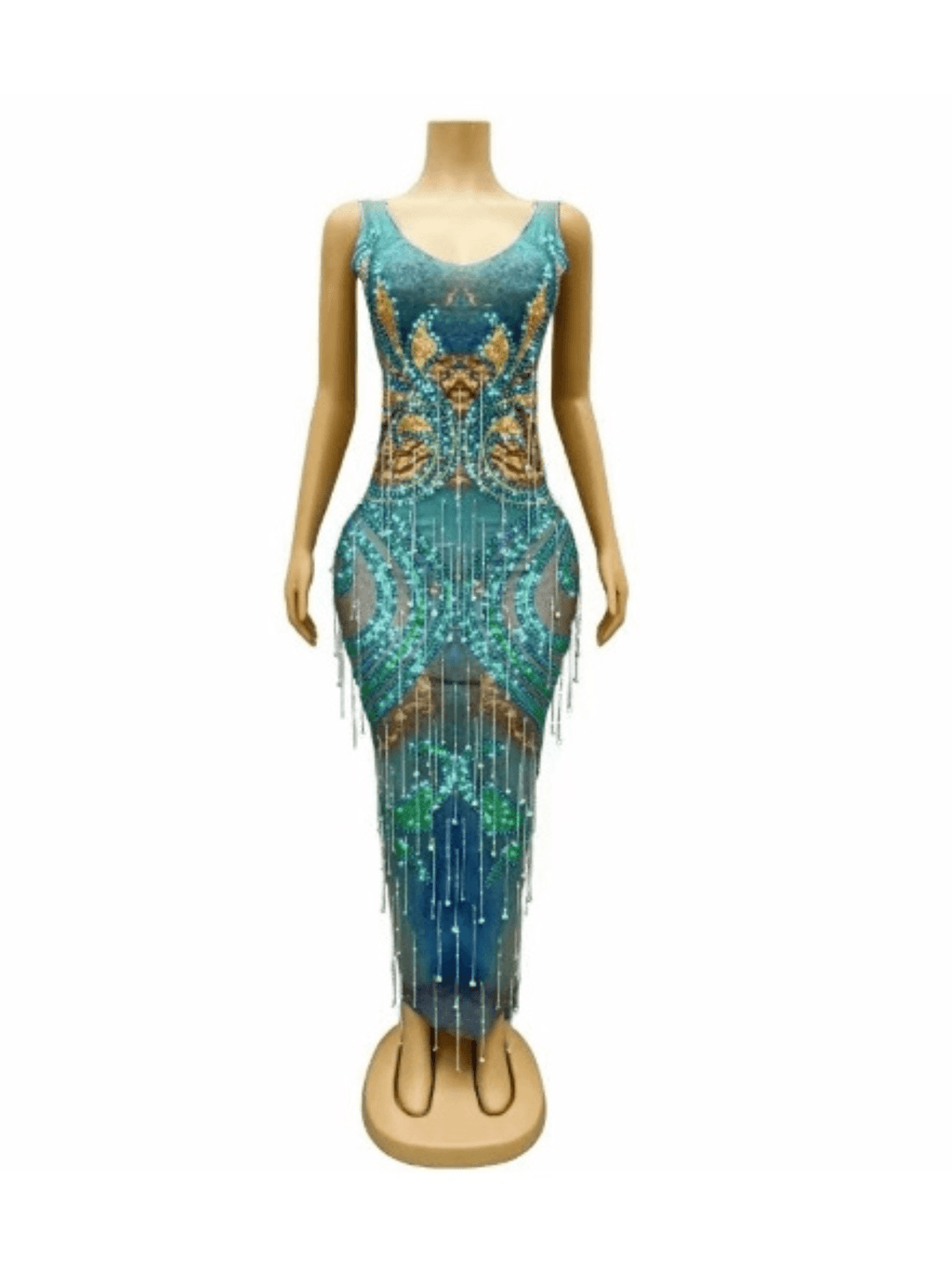Baroque Print Beaded Fringe Plunging V-Neck Mesh Maxi Dress