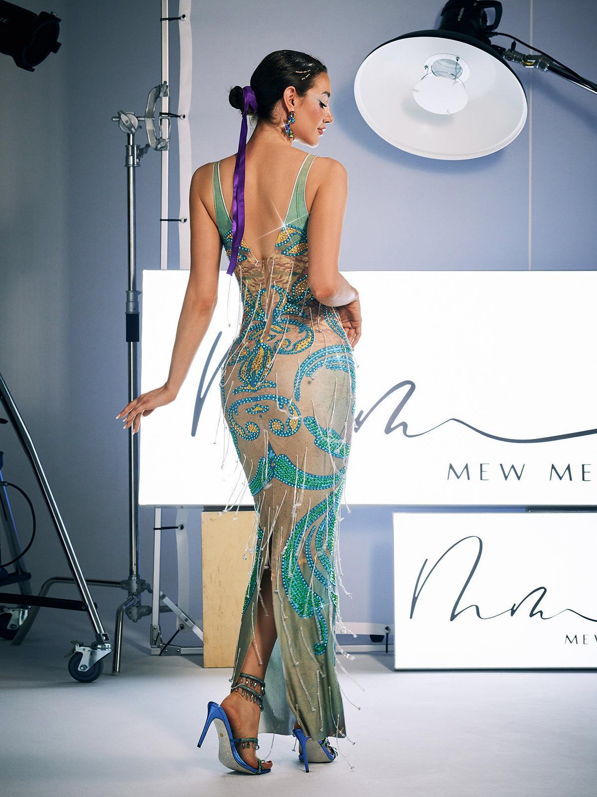 Baroque Print Beaded Fringe Plunging V-Neck Mesh Maxi Dress