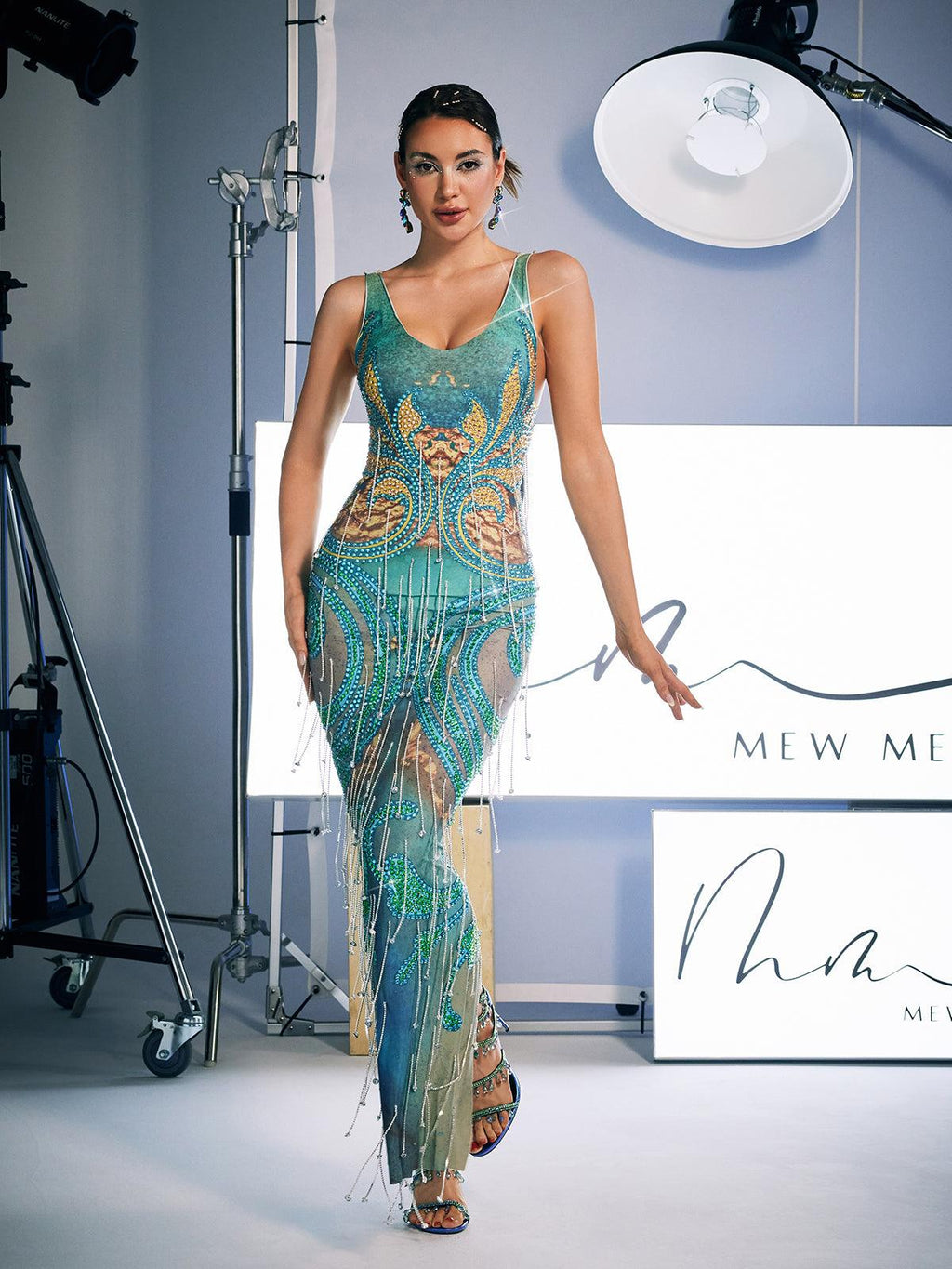 Baroque Print Beaded Fringe Plunging V-Neck Mesh Maxi Dress
