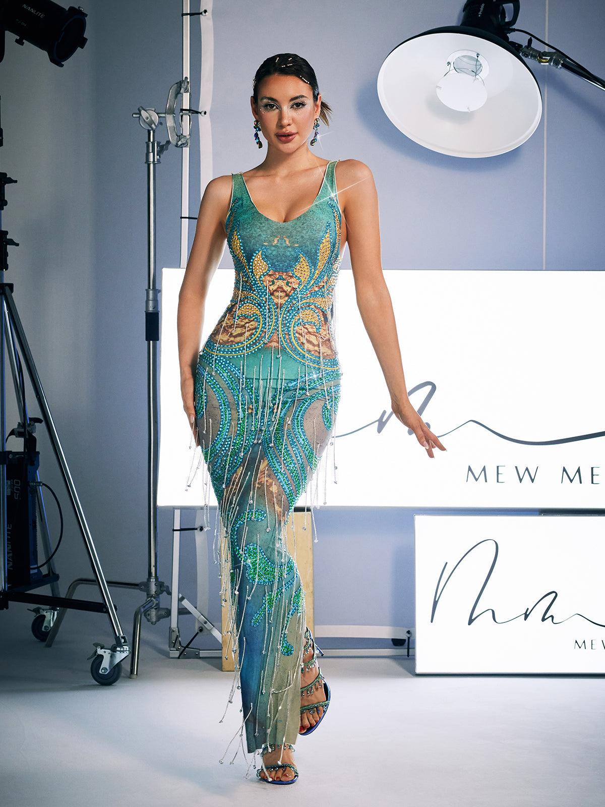 Baroque Print Beaded Fringe Plunging V-Neck Mesh Maxi Dress