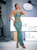 Baroque Print Beaded Fringe Plunging V-Neck Mesh Maxi Dress