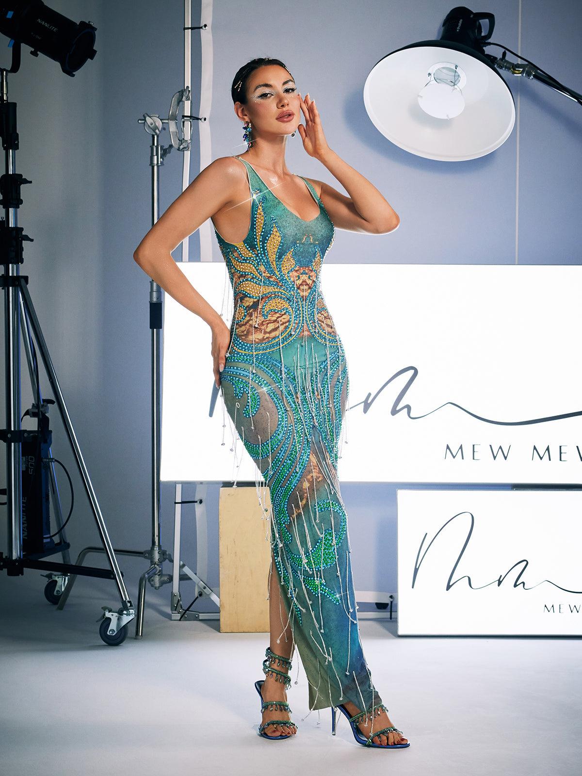 Baroque Print Beaded Fringe Plunging V-Neck Mesh Maxi Dress