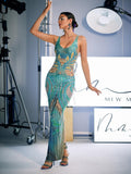 Baroque Print Beaded Fringe Plunging V-Neck Mesh Maxi Dress