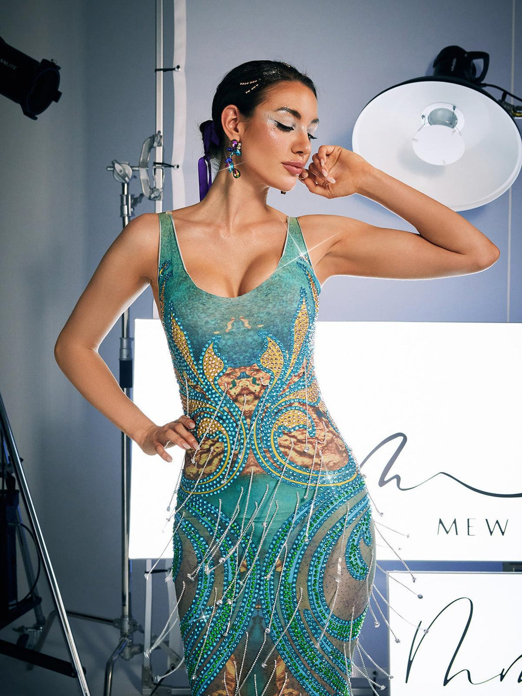 Baroque Print Beaded Fringe Plunging V-Neck Mesh Maxi Dress