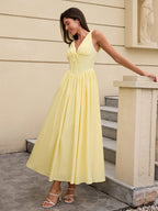 Deep V-Neck Bow Tie Ruched Corset Dress with Pockets