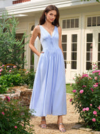 Deep V-Neck Bow Tie Ruched Corset Dress with Pockets